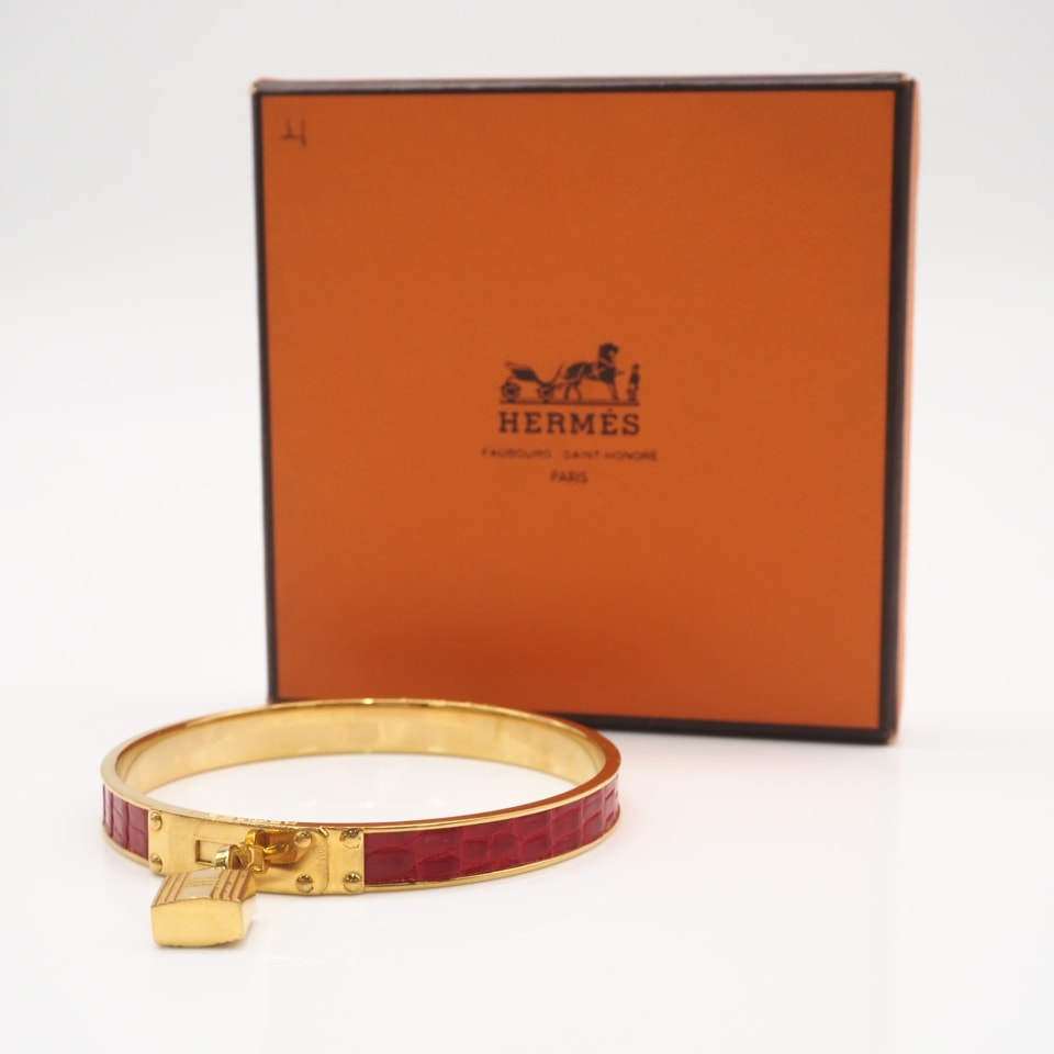 美品 HERMES エルメス ケリー リザード バングル GP - バングル ゴールド レッド GP リザード レディース
