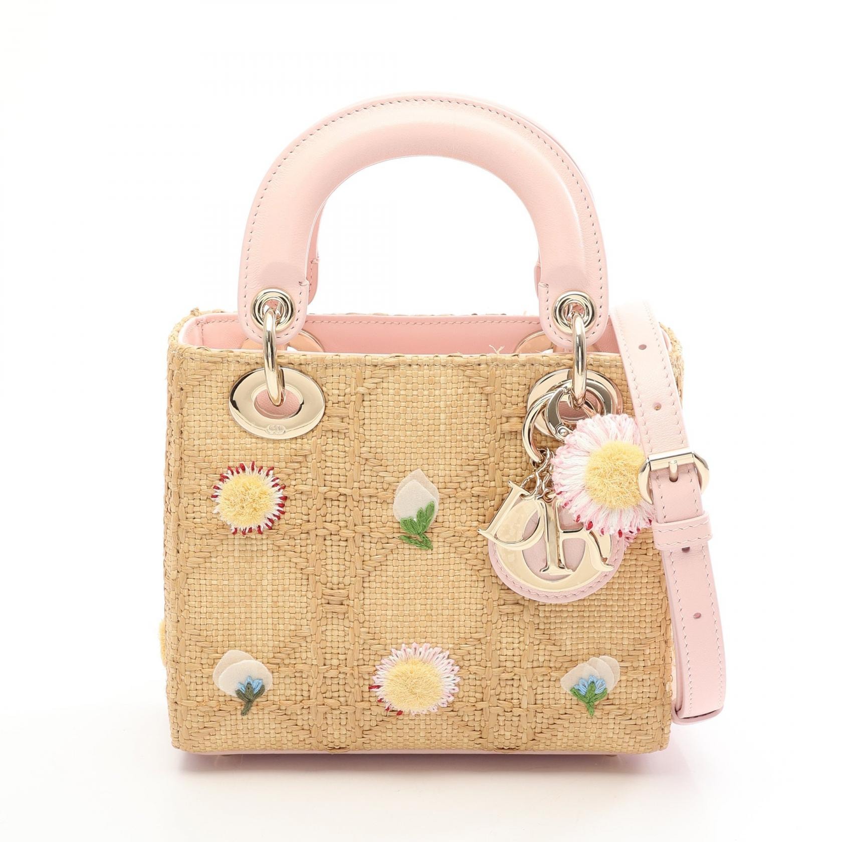 ディオール Dior レディディオール ミニ ハンドバッグ バッグ レザー ラフィア レディース ベージュ系 / ピンク系 / マルチカラー M06690ERJ_M918 【中古】