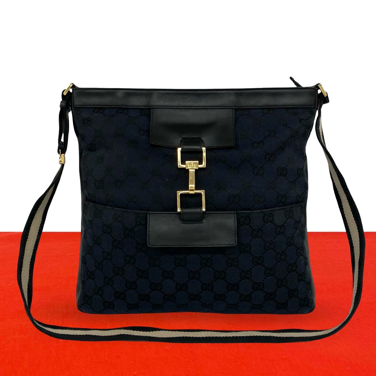 GUCCI グッチ GG ロゴ 柄 金具 キャンバス レザー ショルダーバッグ ブラック
27421