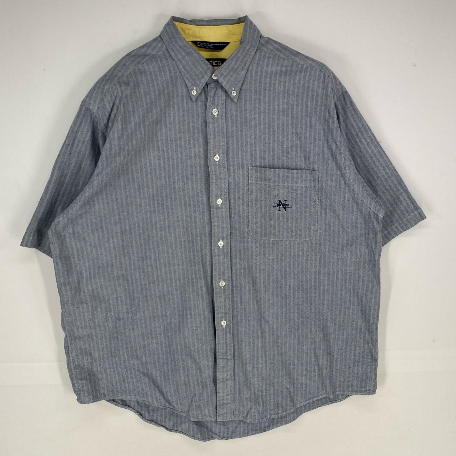 古着 90's/90年代 ノーティカ NAUTICA 半袖シャツ ボタンダウン ロゴ刺繍 ショートスリーブ XL ネイビー系 ストライプ メンズ