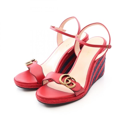 グッチ GUCCI ダブルG ウェッジソール サンダル 靴 レザー ラフィア レディース レッド系 / ネイビー系 624409 【中古】