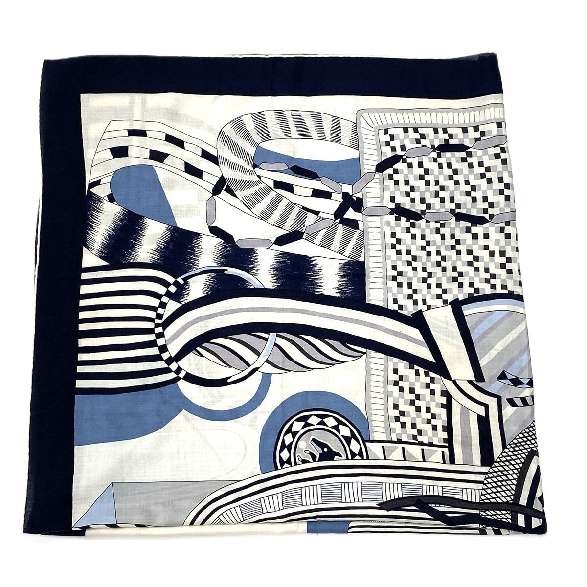 HERMES エルメス カレ 140 空想の鞍 ストール 242710S カシミヤ シルク ネイビー ホワイト レディース【中古】
