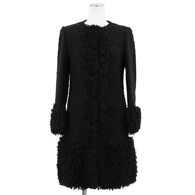 【美品】DOLCE&GABBANA ドルチェアンドガッバーナ コート モヘアブレンド サイズ 38 レディース ジャケット ノーカラー フリンジ ボタンアップ フライフロント 比翼仕立て アウター ブラック 黒 イタリア製