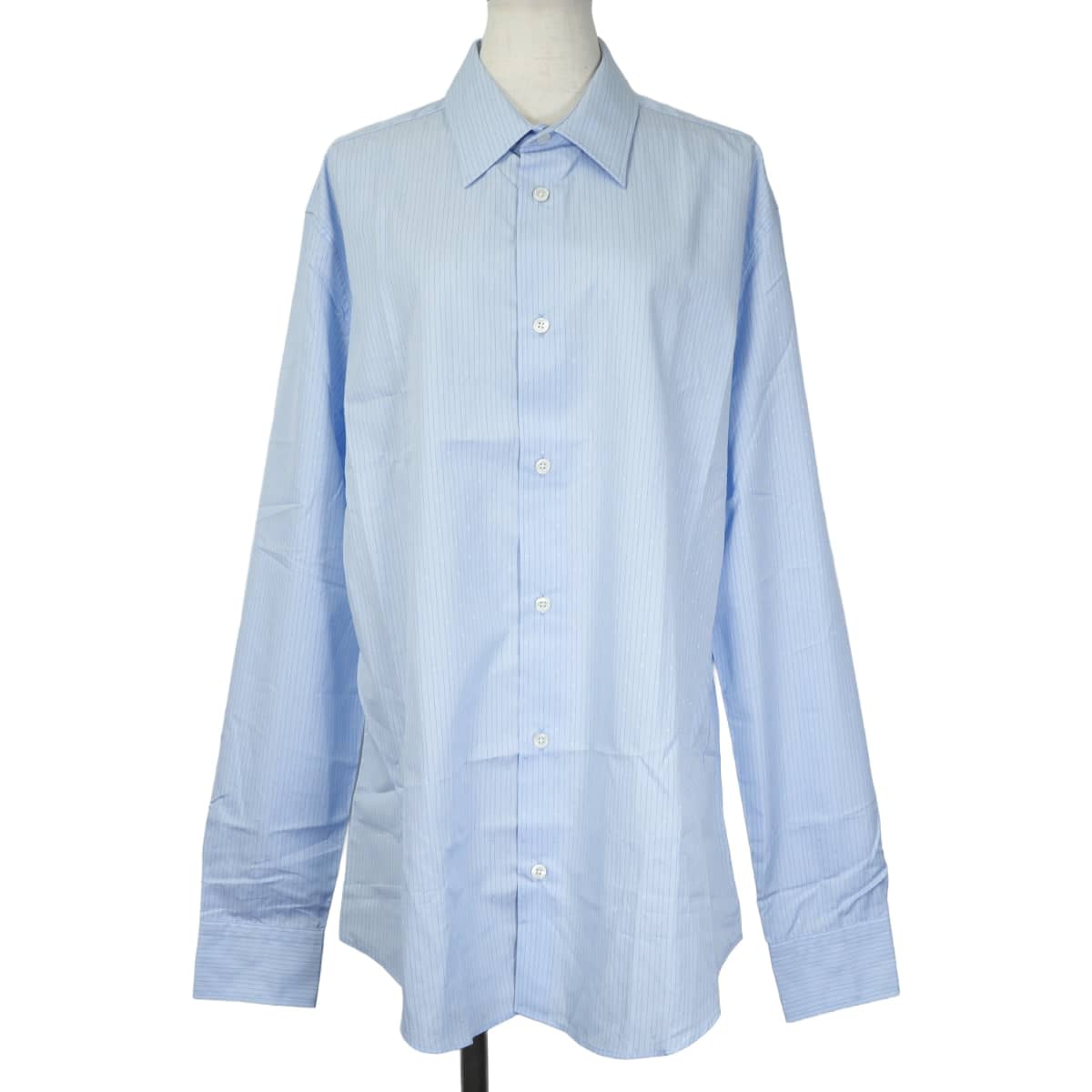 HERMES エルメス 長袖シャツ メンズ Yシャツ ストライプ Hロゴ入り ブルー コットン100% #42 シルバー金具 新品未使用