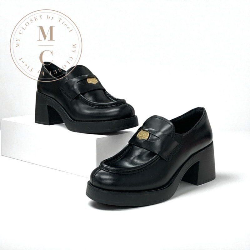 ミュウミュウ MIUMIU ローファー 革靴 靴 シューズ レザー ブラック 黒 ロゴ コイン ペニーローファー