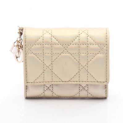 ディオール Dior レディーディオール カナージュ 三つ折り財布 財布 ラムスキン(羊革) レディース ゴールド系 【中古】
