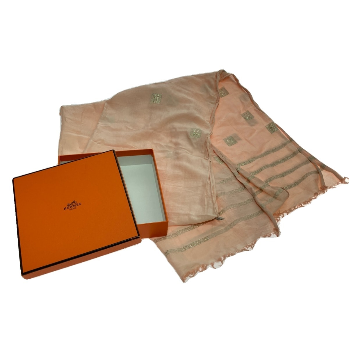 $$ HERMES エルメス Hロゴ ショール 大判 ラメ ライトピンク