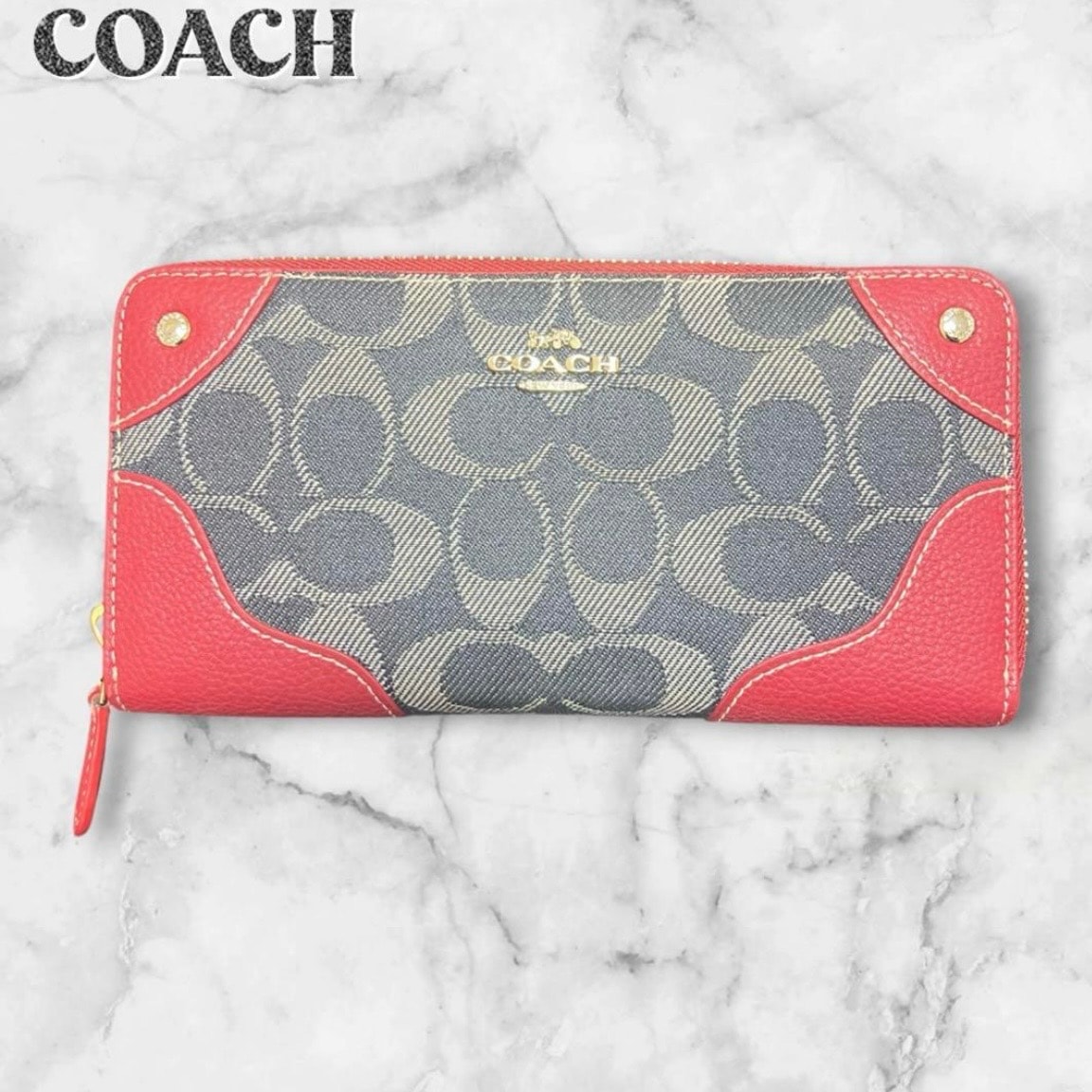B (目立った傷や汚れなし)】美品 COACH コーチ 長財布 シグネチャー 赤