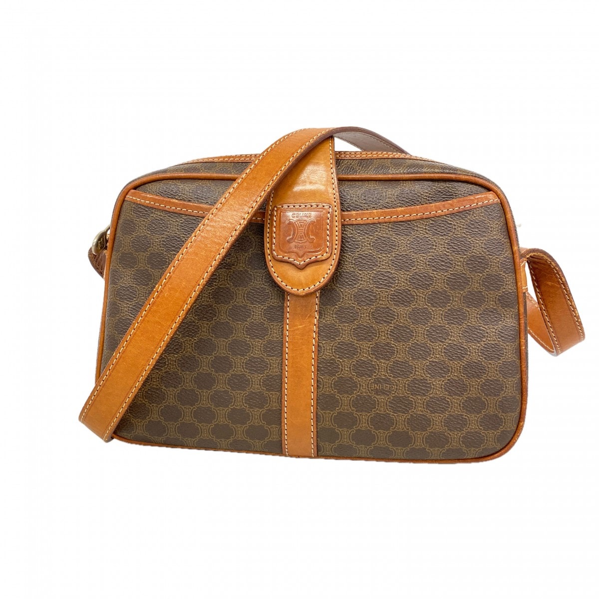 【6db1766-k】セリーヌ ショルダーバッグ マカダム PVC ブラウン ゴールド金具【中古】レディース