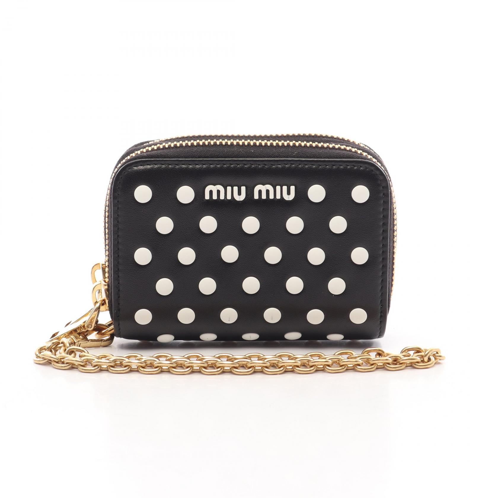 ミュウ ミュウ Miu Miu ドット カードケース コインケース 財布 レザー レディース ブラック系 / ホワイト系 【中古】