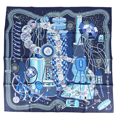 HERMES エルメス スカーフ カレ90 LELABORATOIRE DU TEMPS 時の実験室 ファッションアイテム Carres シルク ネイビー 紺 ブルー 青 レディース 美品【中古品】