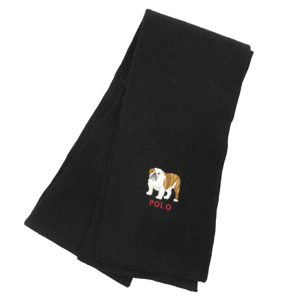 POLO RALPH LAUREN ポロ・ラルフローレン bulldog ブルドッグ 刺繍 ニット マフラー 黒系 ブラック系【中古】