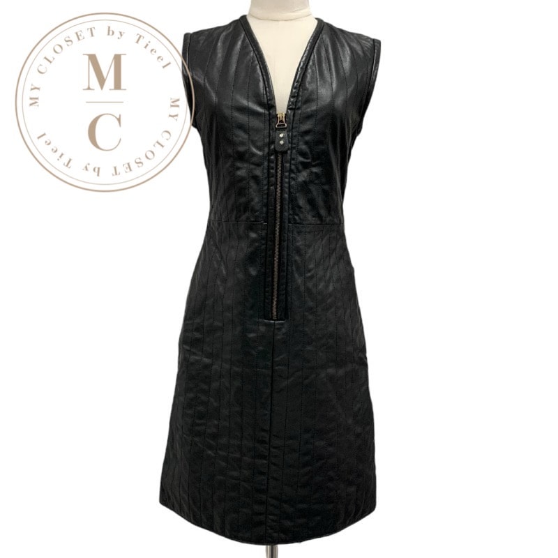 未使用 ルイヴィトン LOUIS VUITTON ピンストライプレザーフィットドレス ワンピース ノースリーブ モノグラム ブラック