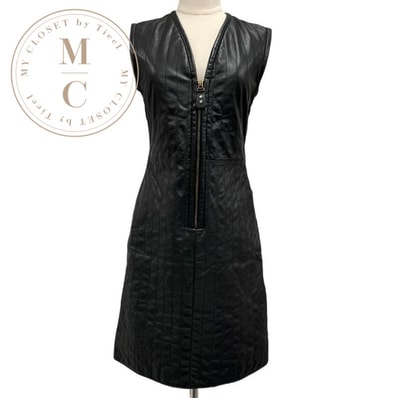 未使用 ルイヴィトン LOUIS VUITTON ピンストライプレザーフィットドレス ワンピース ノースリーブ モノグラム ブラック