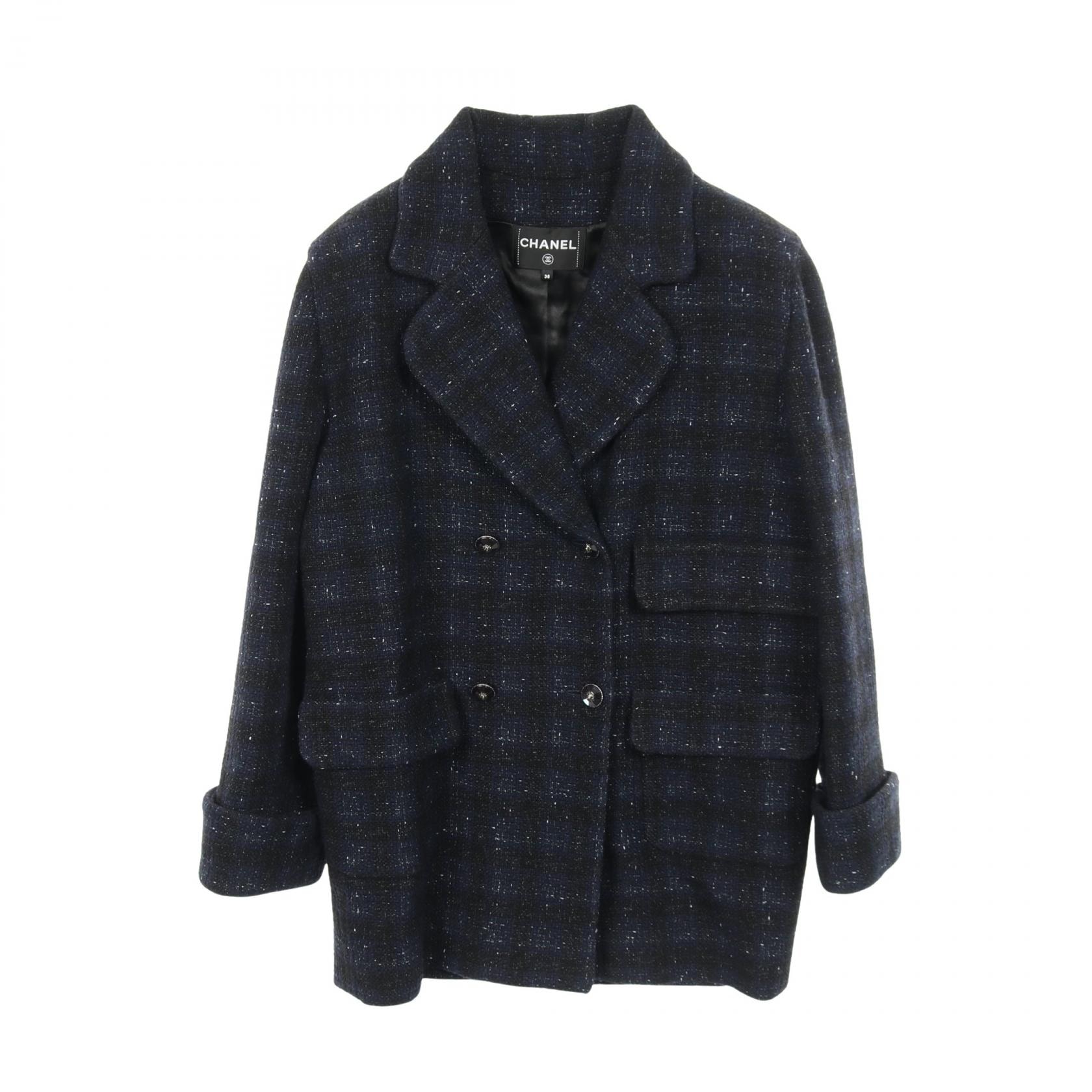 シャネル CHANEL ビジューライオンボタン イリディッセント ウール ツイード ダブルブレスト 衣料品 アウター ウール ナイロン アクリル / レーヨン レディース ネイビー系 / ブラック系 【中古】