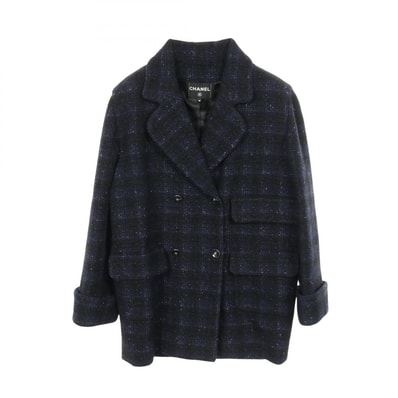 シャネル CHANEL ビジューライオンボタン イリディッセント ウール ツイード ダブルブレスト 衣料品 アウター ウール ナイロン アクリル / レーヨン レディース ネイビー系 / ブラック系 【中古】