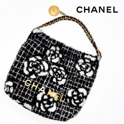 CHANEL シャネル 22 ミニ ウール カメリア ツイード 2WAY ハンドバッグ ショルダー チェーンストラップ ランダムプレート ゴールドカラー金具 チャーム ブラック ★美品★