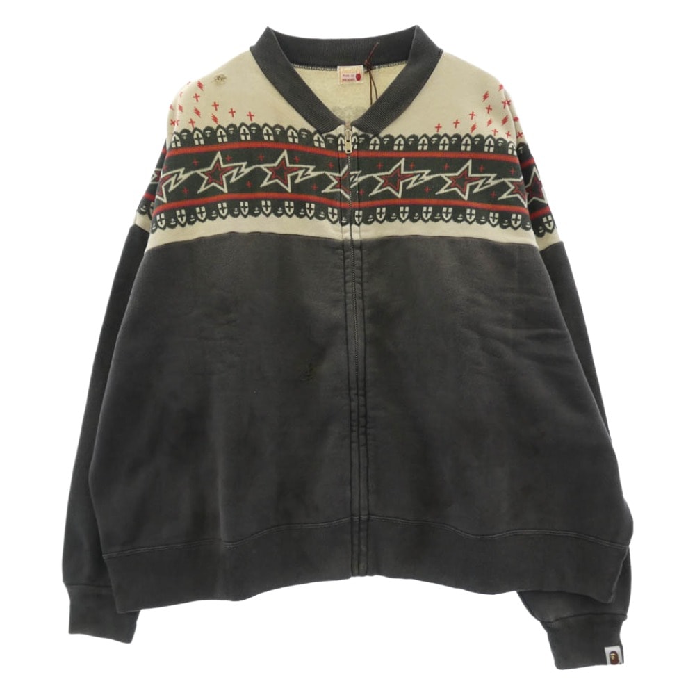 SAINT MICHAEL セントマイケル スウェット SM-MK3-0000-C52 A BATHING APE アベイシングエイプ BAPE ZIP CARDIGAN 加工 ジップ スウェツト カーディガン チャコール系 L【新古品】【未使用】【中古】