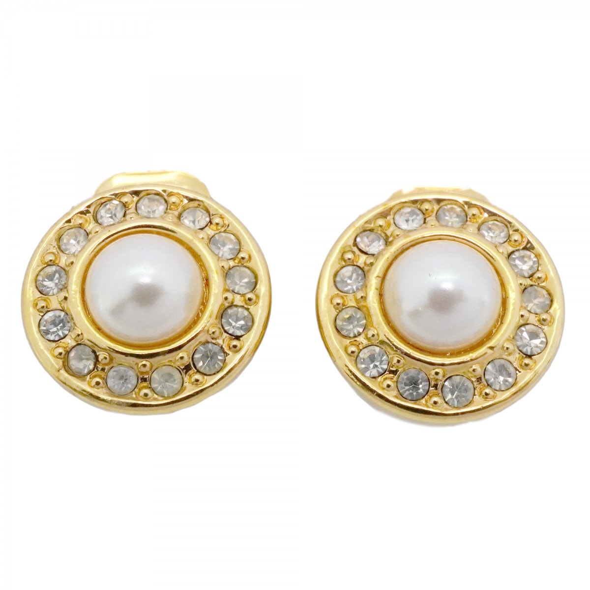 ★SALE【6jcb0563-k】クリスチャンディオール イヤリング 丸型 サークル GPメッキ フェイクパール ラインストーン ゴールド【中古】レディース
