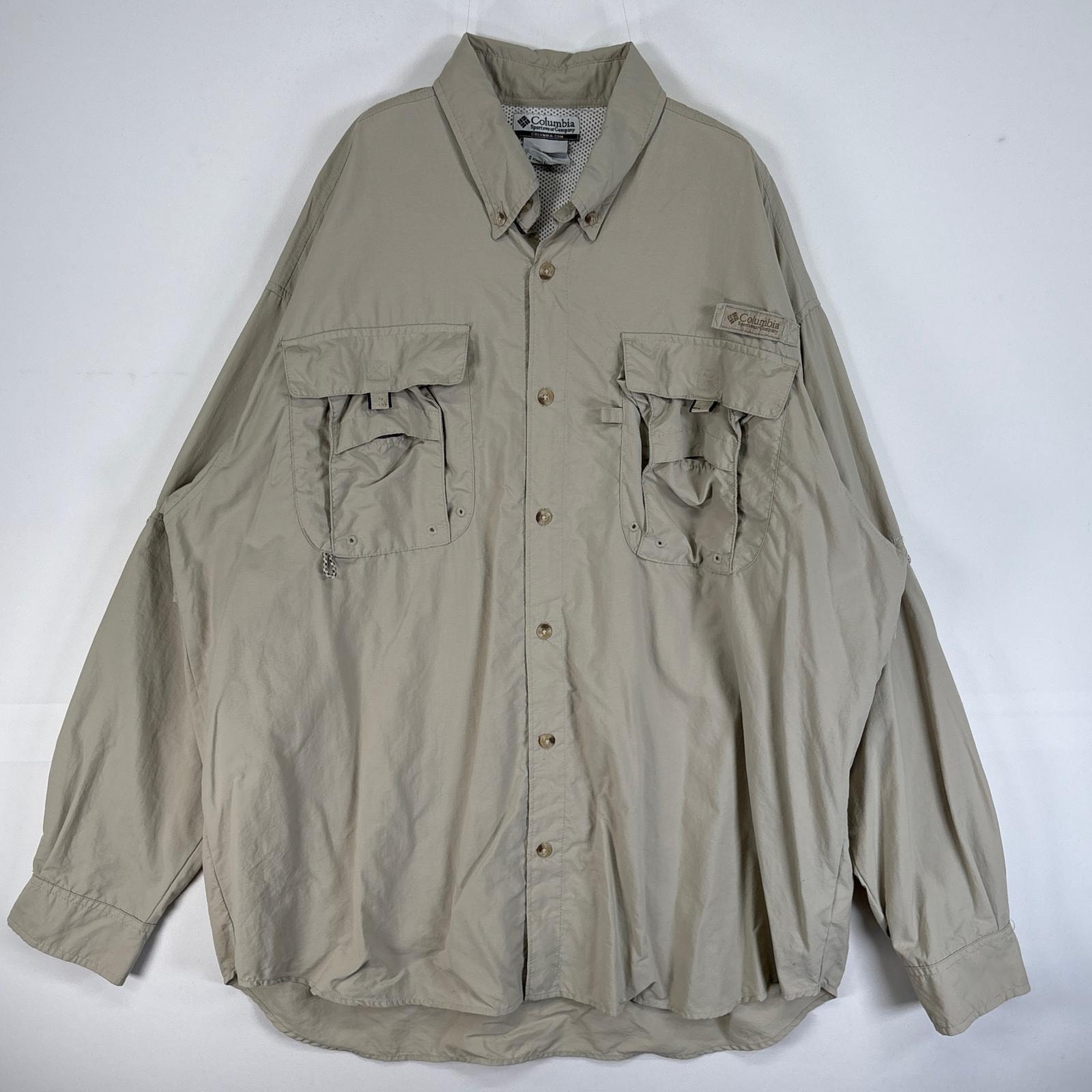 古着 コロンビア Columbia 長袖シャツ PFG フィッシングギア フラップポケ ワンポイント ロゴ L  ベージュ 無地 メンズ