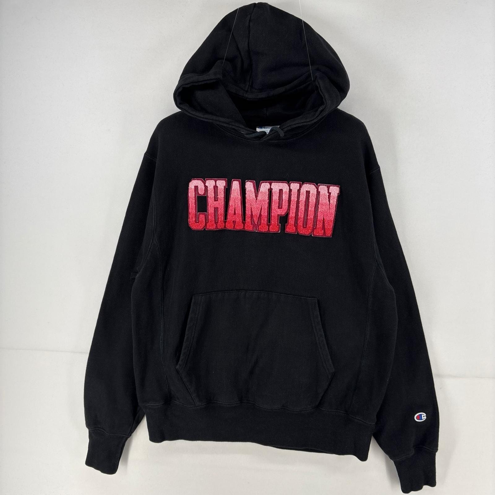 古着 チャンピオン Champion パーカー スウェット リバースウィーブ プルオーバー ロゴ ワッペン ビッグロゴ M ブラック メンズ