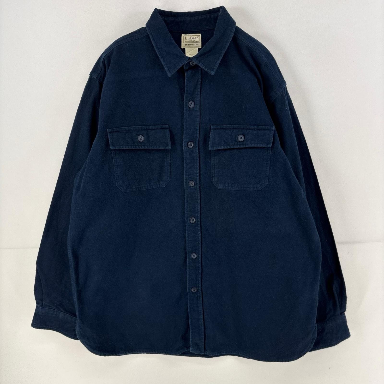 古着 エルエルビーン L.L.Bean 長袖シャツ 胸ポケット ネルシャツ シャモアシャツ L ネイビー 無地 メンズ