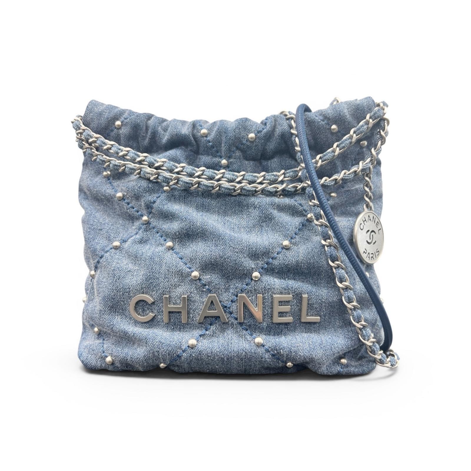 CHANEL 極美品 シャネル22 2way ミニハンドバッグ チェーンショルダーバッグ AS3980 デニム レザー ブルー シルバー金具 スタッズ ホーボーバッグ ポシェット 巾着 ココマーク Aランク 鑑定済 中古 シャネルバッグ