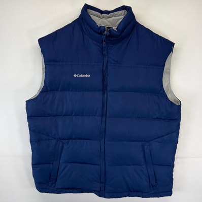 古着 コロンビア Columbia ベスト ダウンベスト フルジップ ワンポイントロゴ刺繍 アウトドア 2XL ブルー系 メンズ