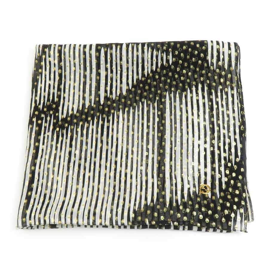 グッチ GUCCI ショール スカーフ シルク/ポリエステル ホワイト/ブラック/ゴールド レディース【中古】 e60797i