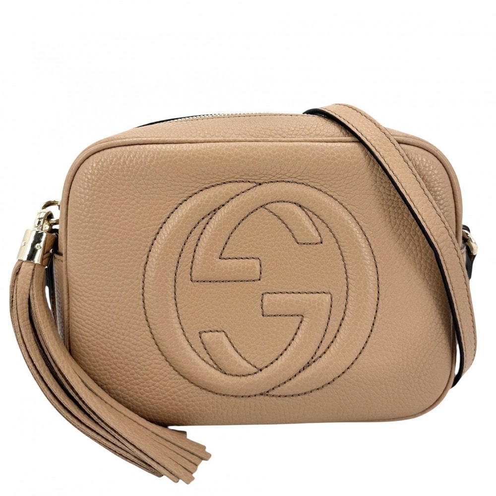 GUCCI グッチ ショルダーバッグ 肩掛け 斜め掛け ソーホー スモール ディスコバッグ インターロッキングG GG タッセル 308364 レザー ベージュ ソフトゴールド金具 レディース 美品【中古品】