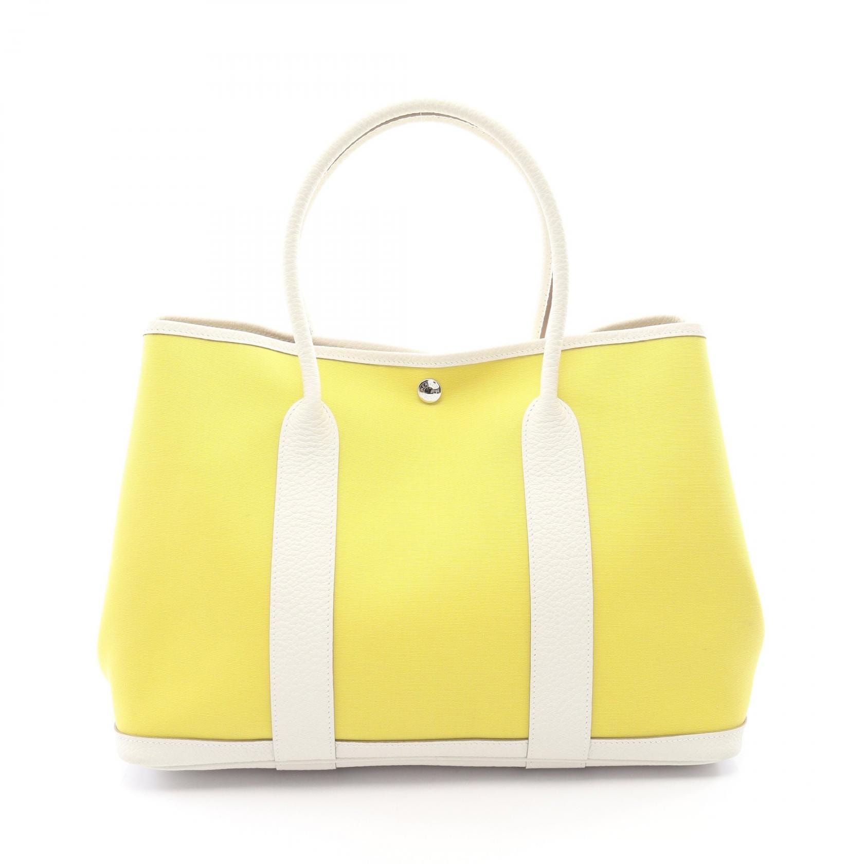 エルメス HERMES ガーデンパーティPM トートバッグ バッグ キャンバス レザー トワルオフィシェ / ヴァッシュカントリー ヴァッシュカントリー ライム Y刻印(2020年製造) レディース イエロー系 / ホワイト系