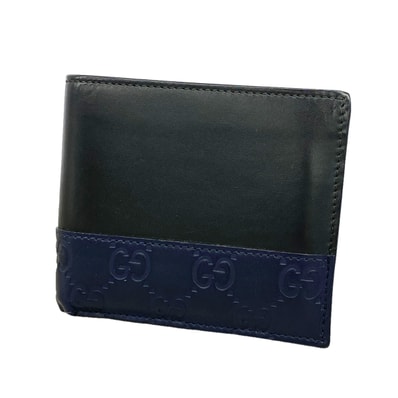 【6ge6439-k】グッチ 財布 グッチシマ 365487 レザー ブラック ネイビー シルバー金具【中古】メンズ