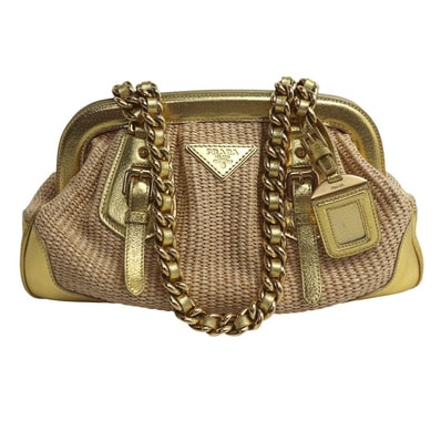 PRADA プラダ ストローバッグ ハンドバッグ ベージュ ゴールド BR3692 レディース【中古】