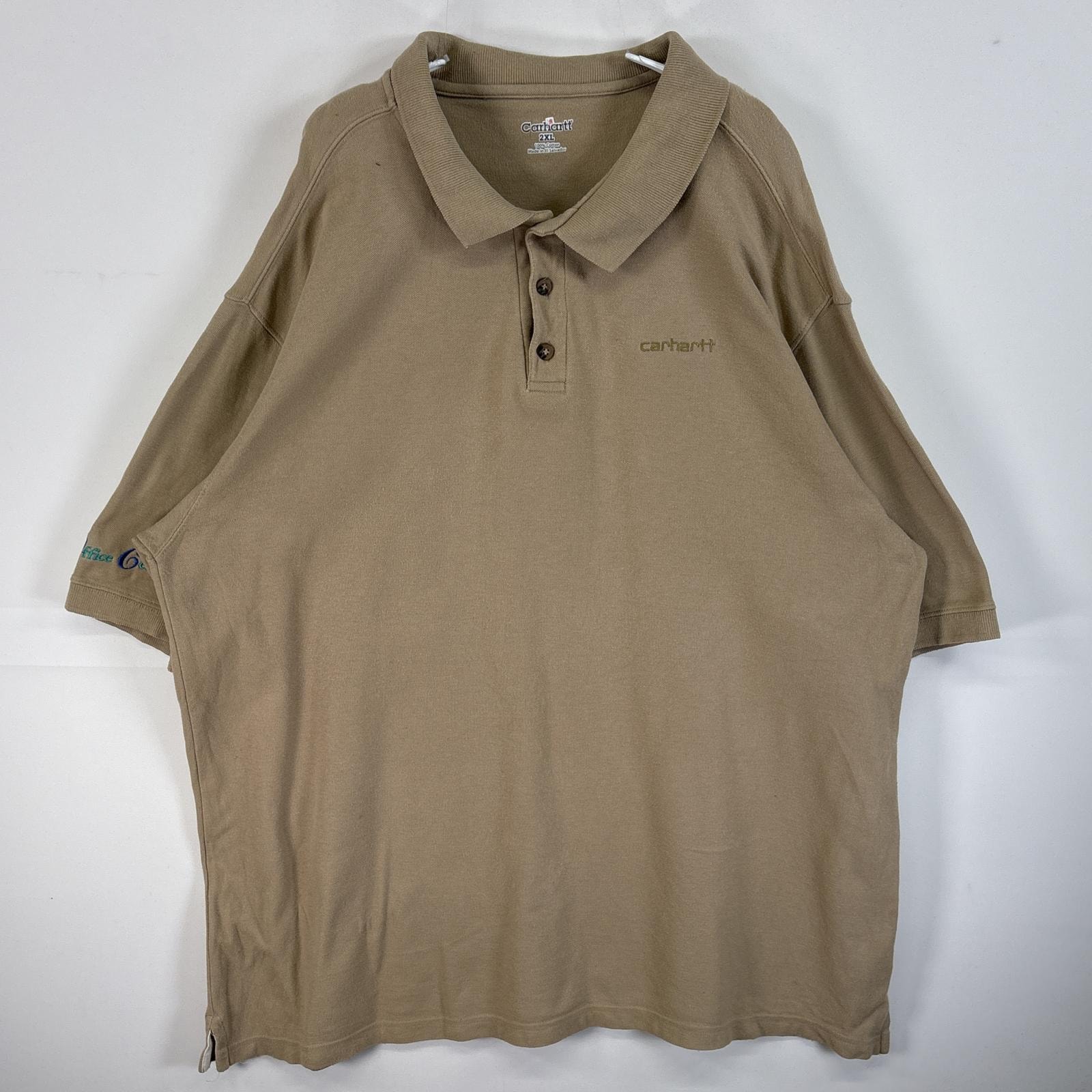 古着 カーハート Carhartt 半袖 ポロシャツ ロゴ 刺繍 大きいサイズ 3ボタン 2XL  ベージュ系 無地 メンズ