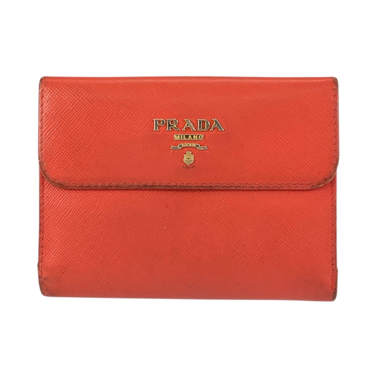 PRADA プラダ ロゴ オレンジ ゴールド金具 レザー 折財布 コンパクトウォレット 506554 【中古】