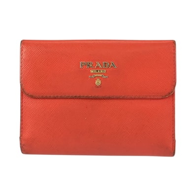 PRADA プラダ ロゴ オレンジ ゴールド金具 レザー 折財布 コンパクトウォレット 506554 【中古】