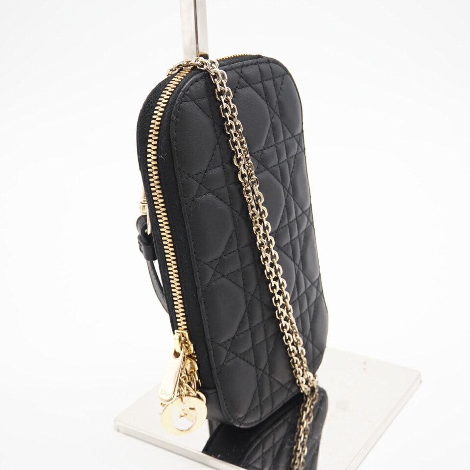 美品 Dior ディオール ラムスキン Lady Dior Call'in Dior フォンホルダー S0872ONMJ_M900 2wayショルダーバッグ ブラック ラムスキン レディース