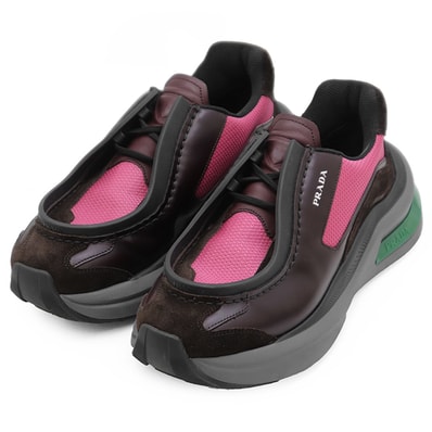 【美品】PRADA プラダ スニーカー システム サイズ 6 メンズ トライアングルロゴ スウェード/テクニカルメッシュ/レザー ハイブリッド モックトゥ 厚底 靴 箱・袋付属 ブラウン バーガンディ ピンク 茶色 桃色 伊製 2EG424