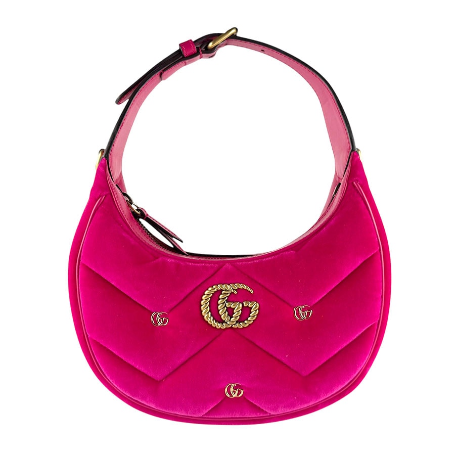 グッチ GUCCI ハンドバッグ ショルダーバッグ GGマーモント ハーフムーン ベルベット/メタル ピンク/ゴールド レディース 770983【中古】 z8355