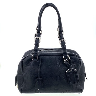 PRADA プラダ 型押しレザー ロゴ ミニボストン トートバッグ BR3091 レザー ブラック レディース【中古】