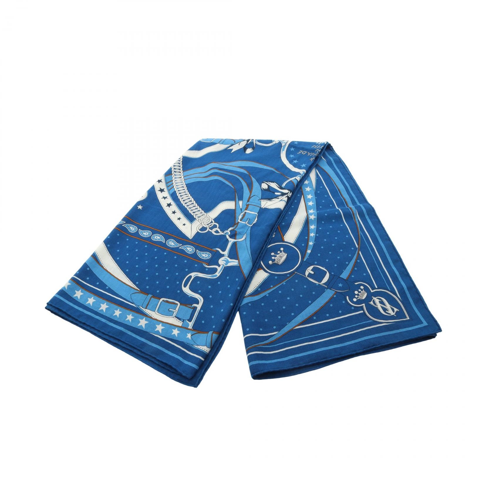 エルメス HERMES カレジェアン カレ140 LA PROMENADE DU MATIN スカーフ 衣料品 シルク カシミヤ シルク レディース ブルー系 【中古】