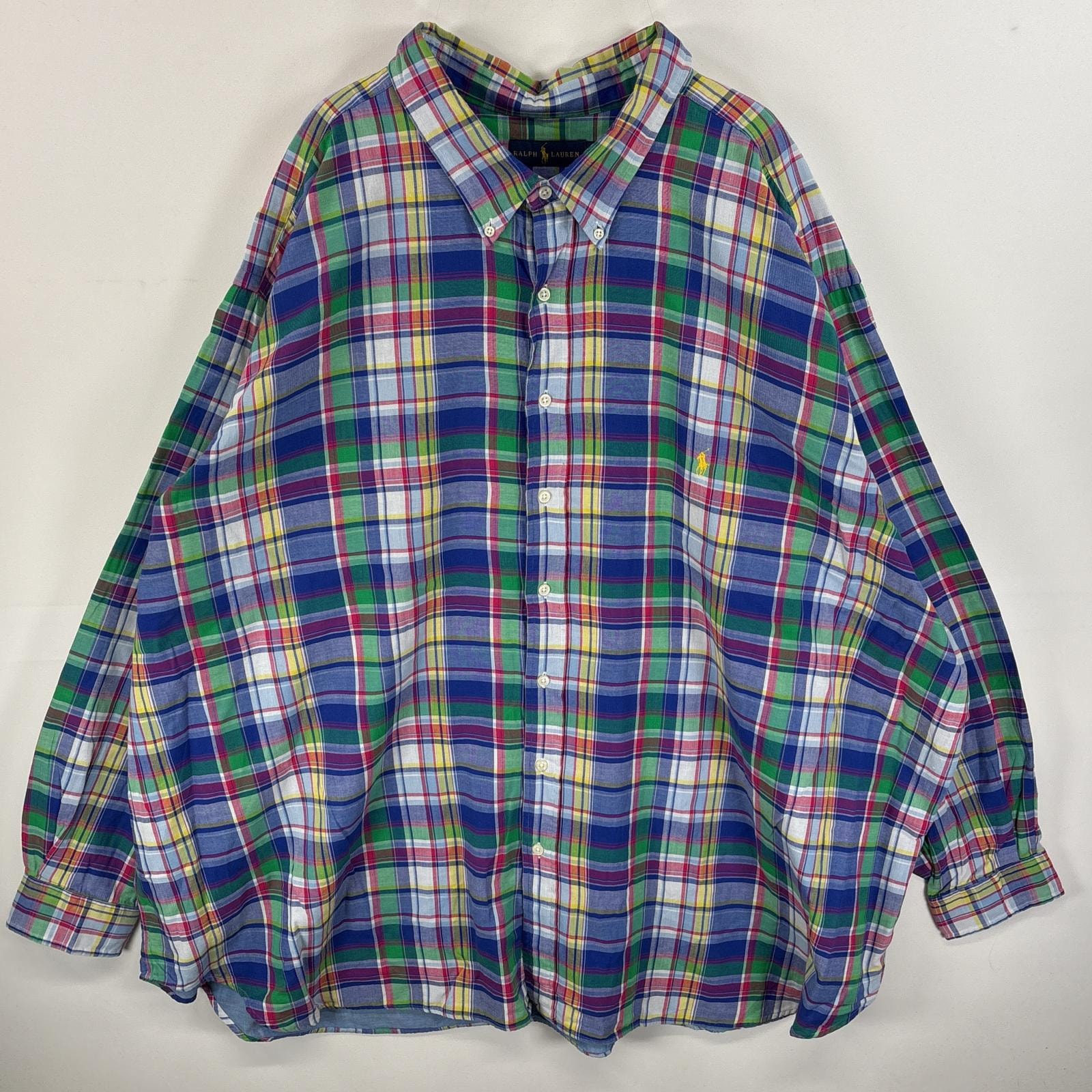 古着 ラルフローレン RALPH LAUREN 長袖シャツ ワンポイント ロゴ 刺繍 大きいサイズ ボタンダウンシャツ 6XB BIG  ブルー系 マルチカラー メンズ