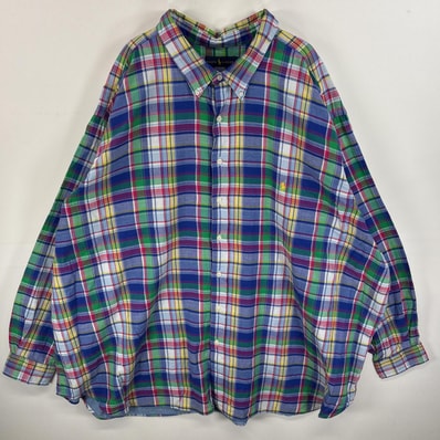 古着 ラルフローレン RALPH LAUREN 長袖シャツ ワンポイント ロゴ 刺繍 大きいサイズ ボタンダウンシャツ 6XB BIG ブルー系 マルチカラー メンズ