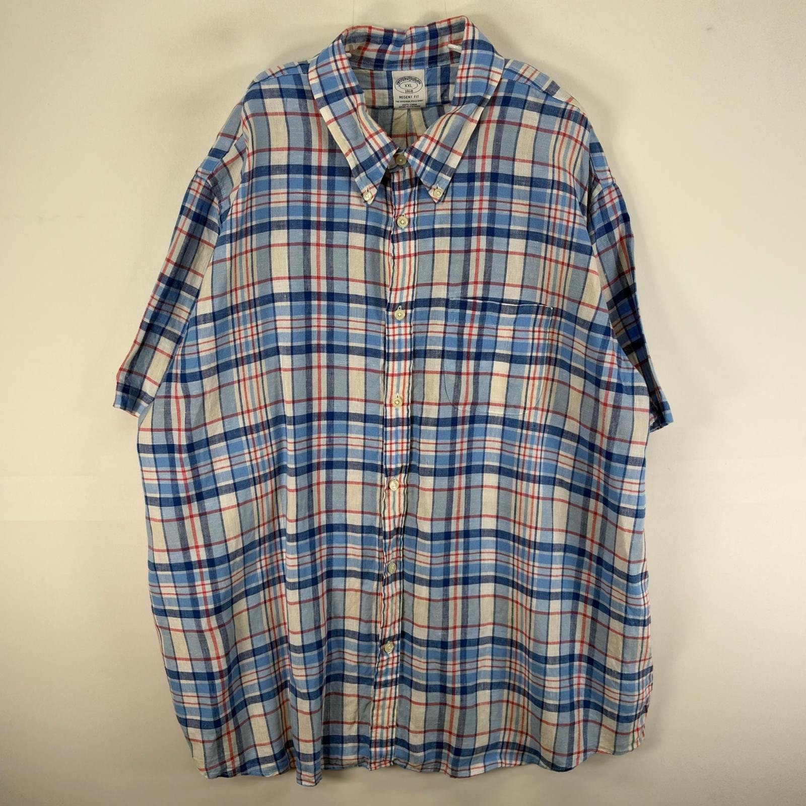古着 ブルックスブラザーズ Brooks Brothers 半袖シャツ ボタンダウン リネン 2XL ブルー系 チェック メンズ