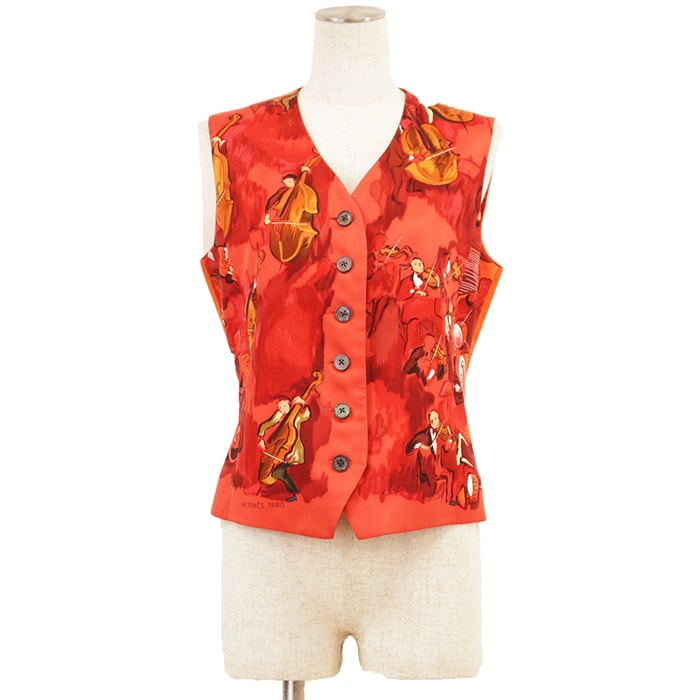 【極美品】HERMES エルメス ベスト サイズ 40 レディース シルク100% バイオリン ロゴボタン CLERC ジャケット ジレ アウター レッド系 赤 フランス製