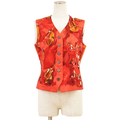 【極美品】HERMES エルメス ベスト サイズ 40 レディース シルク100% バイオリン ロゴボタン CLERC ジャケット ジレ アウター レッド系 赤 フランス製