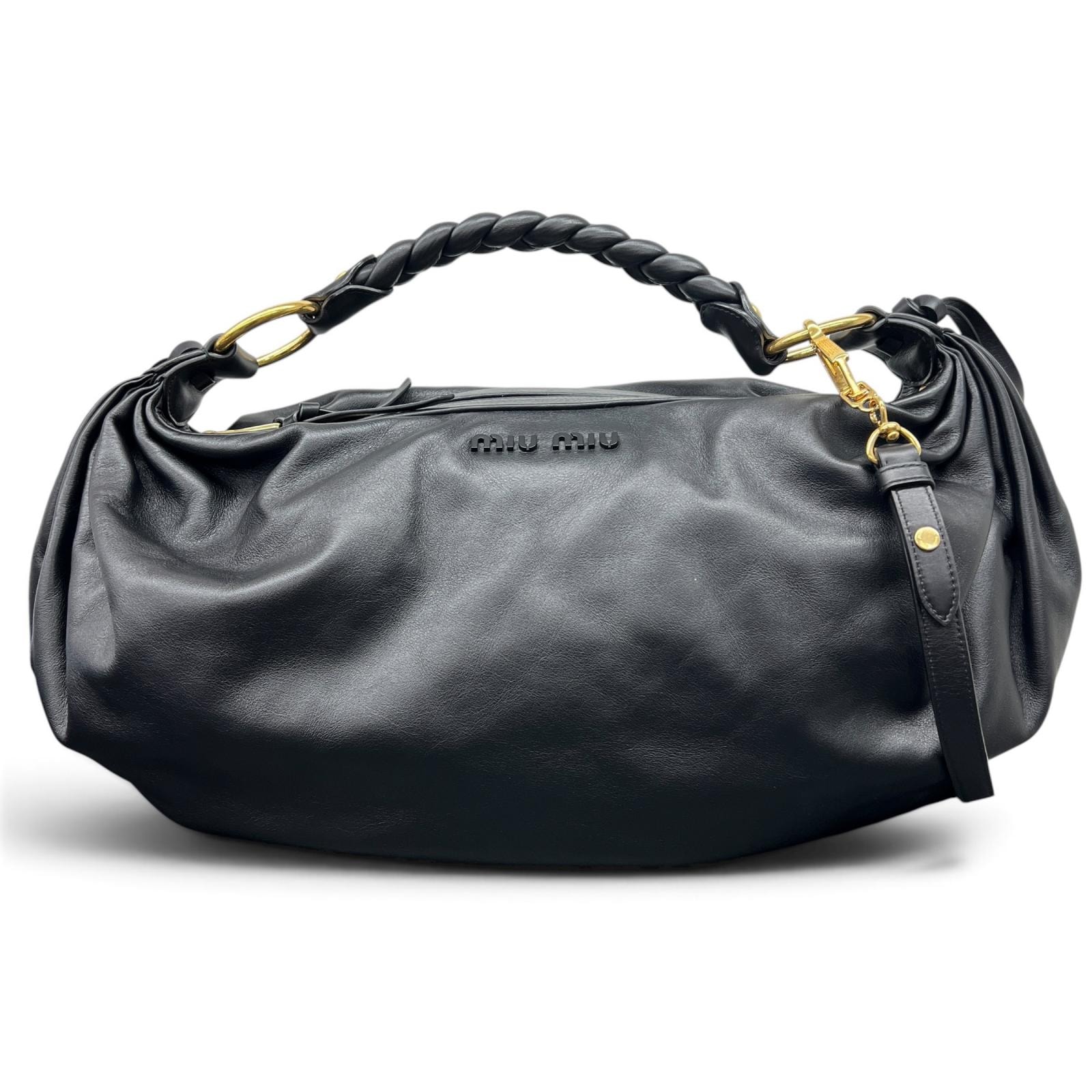 miumiu 希少 極美品 ミュウミュウ 2way ショルダーバッグ ワンショルダー 肩掛け 5BC079 ナッパ レザー ICチップ確認済 ブラック ロゴ 編み込み クロスボディ Aランク 中古 鑑定済 ミュウミュウバッグ