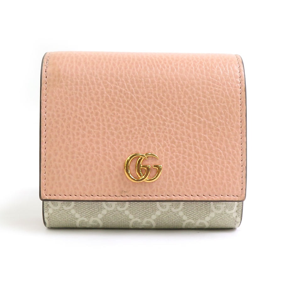 グッチ GUCCI 二つ折り財布 GGマーモント レザー ピンク×ベージュ レディース 598587【中古】 56252a