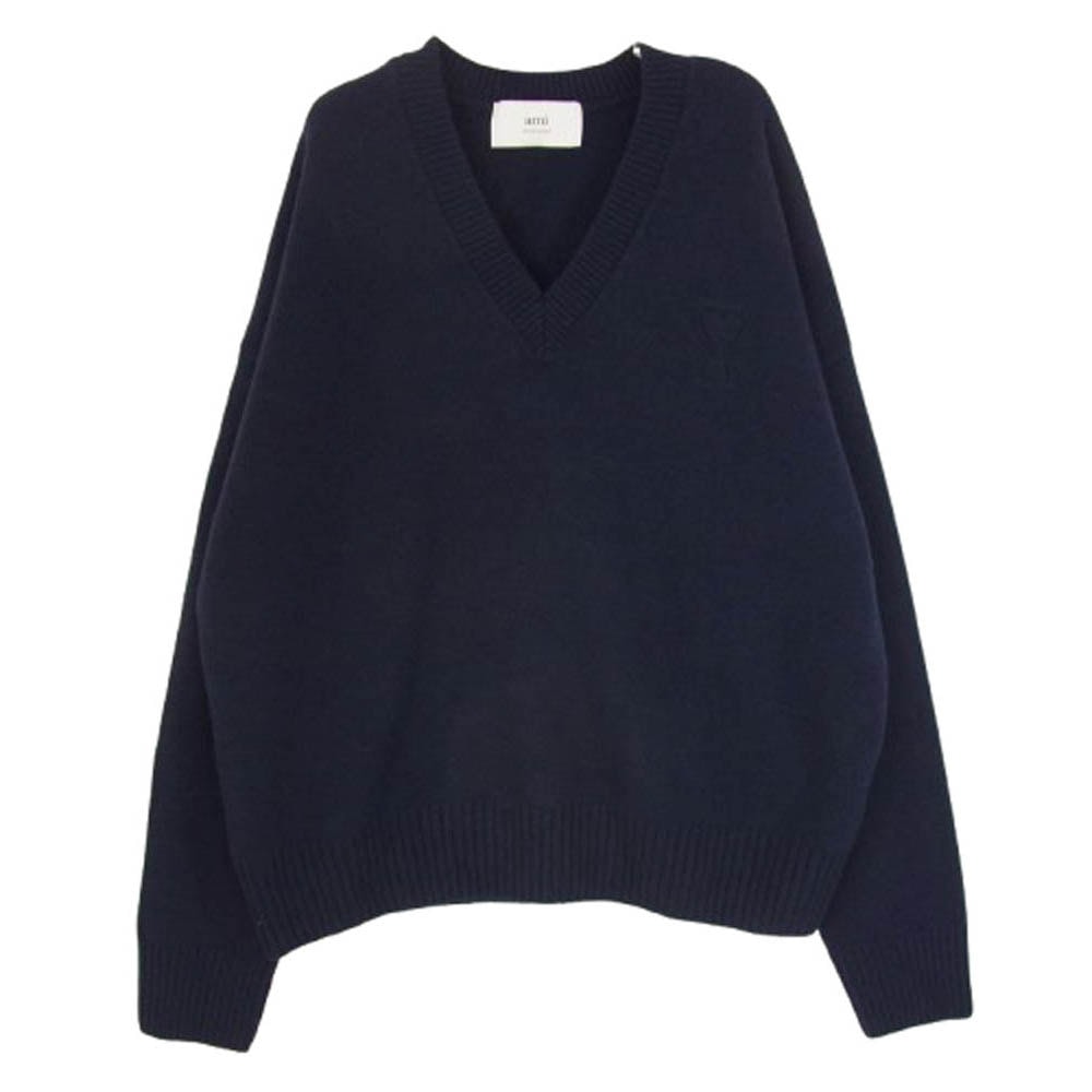 AMI PARIS アミパリス ニット UKS244.KN0028 EMBOSSED AMI DE COEUR V NECK SWEATER エンボスロゴ Vネック ニット セーター ネイビー系 XL【中古】