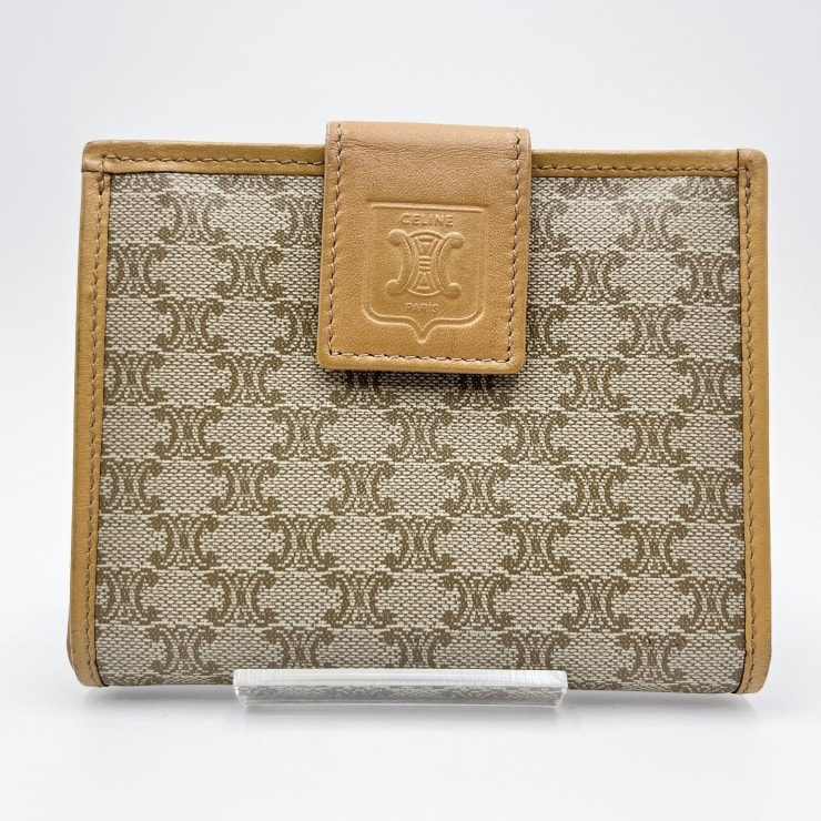 CELINE(セリーヌ)マカダム ヴィンテージ 二つ折り財布 がま口ウォレット ベージュ PVC レザー ゴールドトーン金具 レディース【中古】